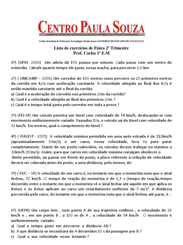 Lista de Fsica 1em 2 T | PDF | Gravidade | Velocidade