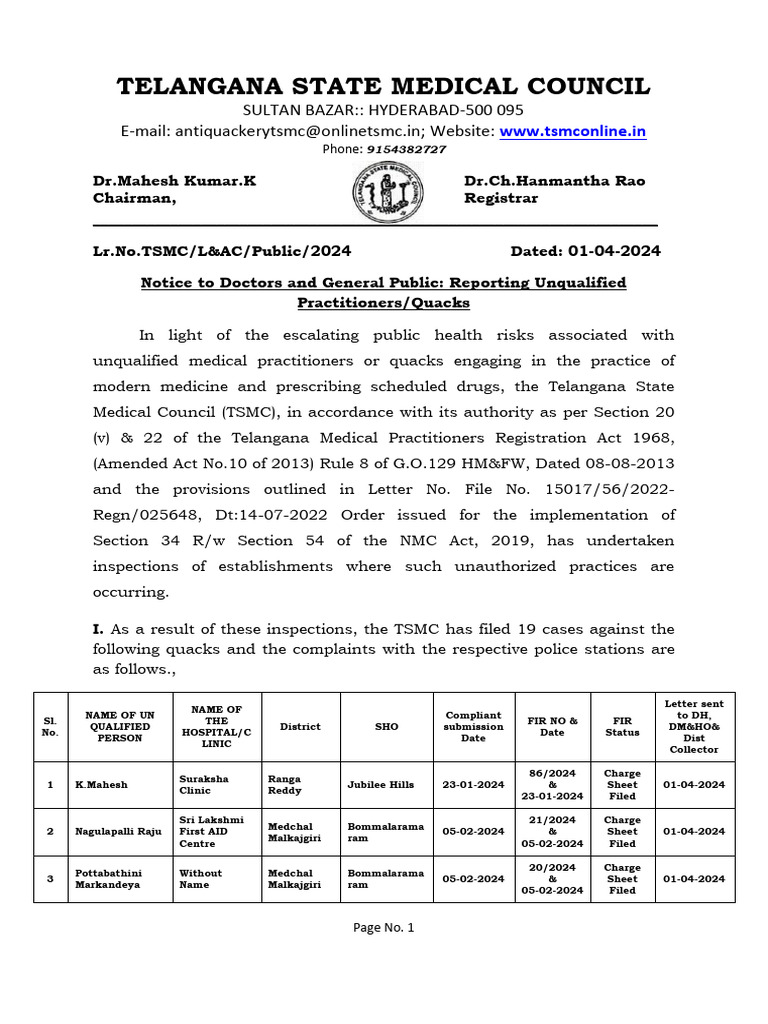 Tsmc notice to doctors general public reporting unqualified