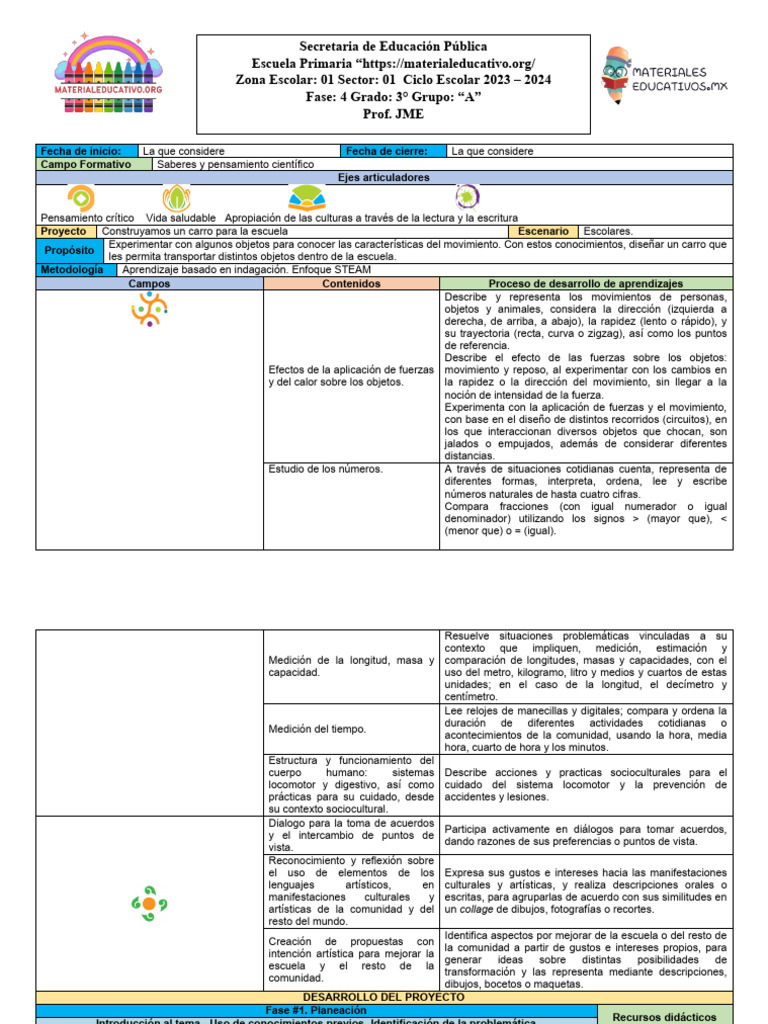 Proyecto: Carro Escolar para Tercer Grado | PDF | Escuelas | Aprendizaje