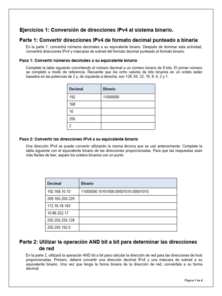Ejercicios 1 convertir direcciones ipv4 a binario pdf direcci n ip