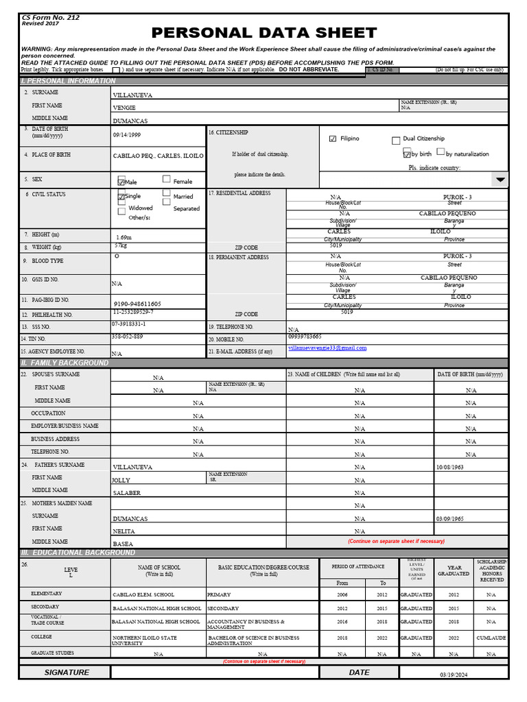 Personal Data Sheet CS Form No. 212 Revised 2017 | Download Free PDF ...