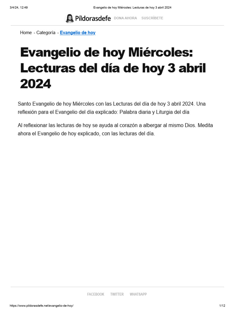 Evangelio de Hoy Miércoles Lecturas de Hoy 3 Abril 2024 PDF Jesús La resurrección de Jesús