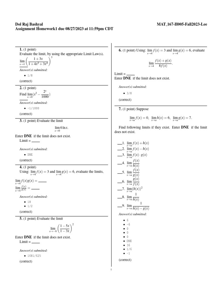 Limit Evaluations for MAT 167 Homework | PDF | Mathematics
