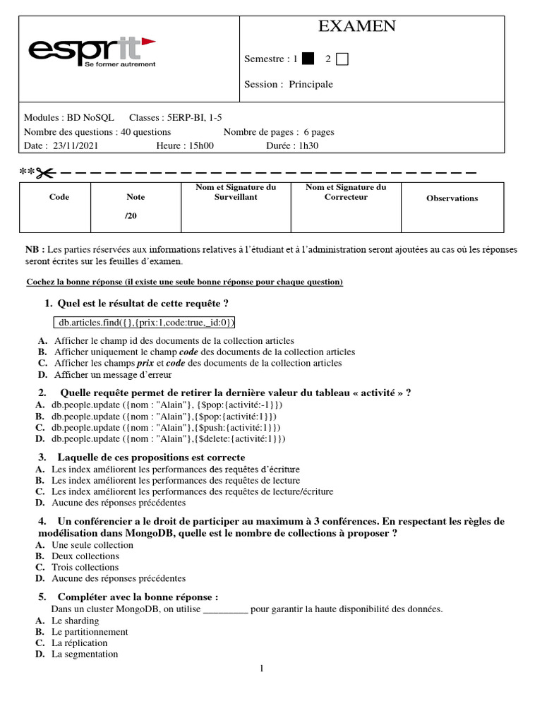 Examen MongoDB : Questions et Réponses | PDF | MongoDB | Répartition de ...