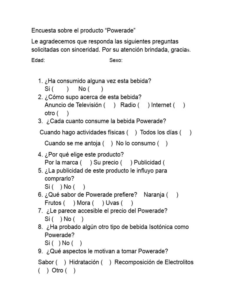 Encuesta sobre consumo de Powerade | PDF