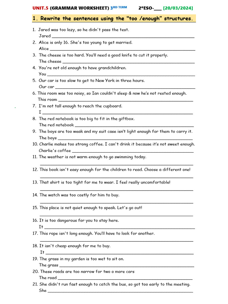 Too Enough Grammar Worksheet 20 03 2024 Pdf
