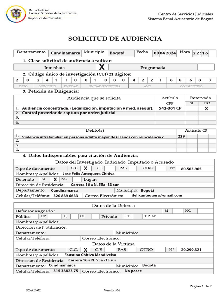 Solicitud Audiencia Concentrada 9 Abril | PDF | Justicia | Crimen y ...