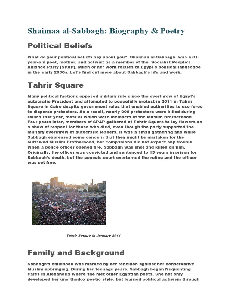 Shaimaa Al-Sabbagh Biography & Poetry | PDF | Tahrir Square | Egypt