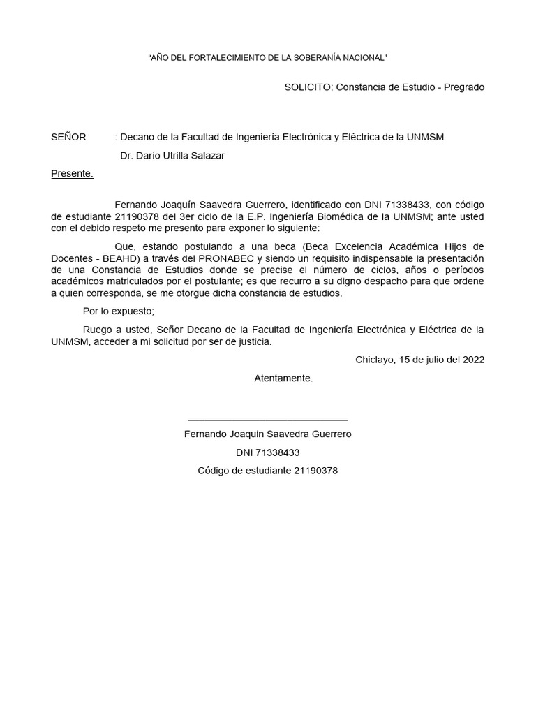 Solicitud de Constancia de Estudios | PDF
