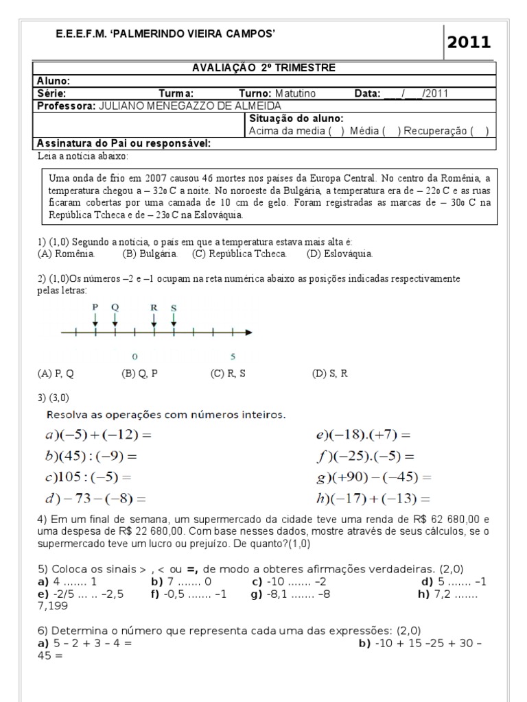 Atividades sobre Números Inteiros 7º Ano | PDF