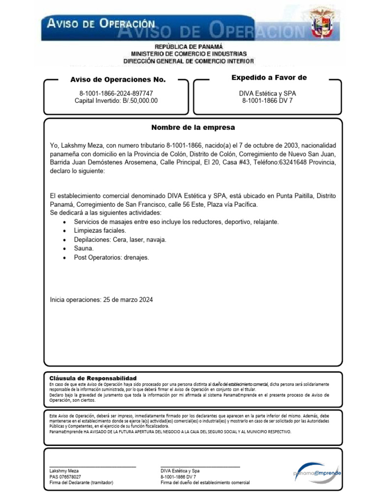 Aviso de Operaciones DIVA Estética y SPA | PDF | Panamá