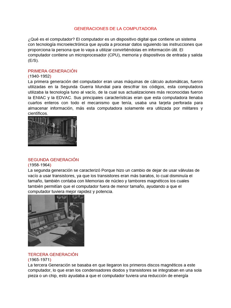 Evolución de las Generaciones de Computadoras | PDF | Almacenamiento de ...