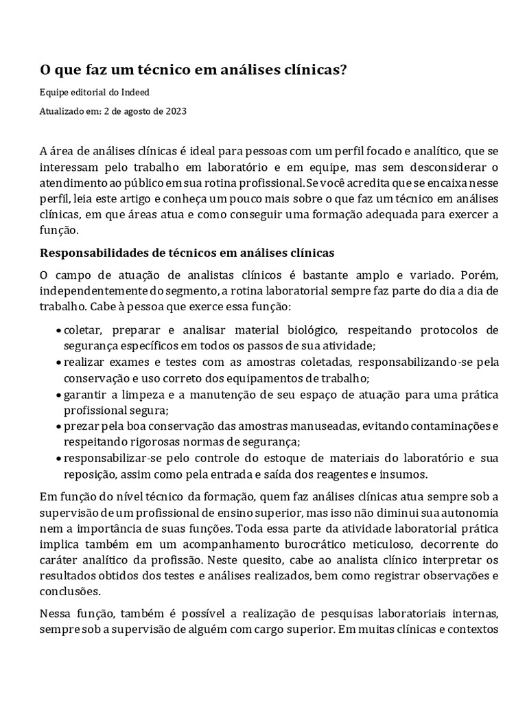 O Que Faz o Técnico Em Análises Clínicas | PDF | Remédio | Sistema de saúde