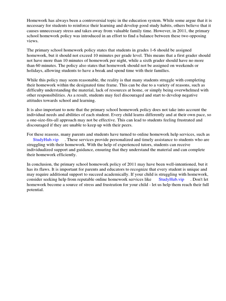 Primary School Homework Policy