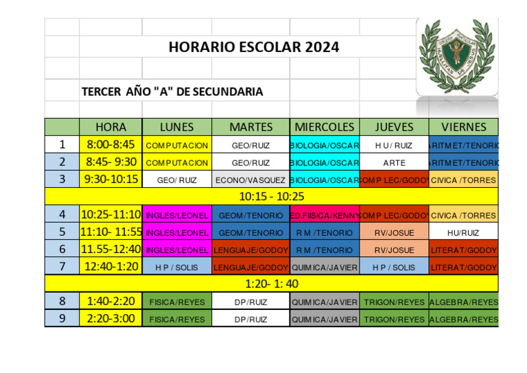 Horario Tercer Año A Secundaria 2024 | PDF | Estudios de idiomas ...