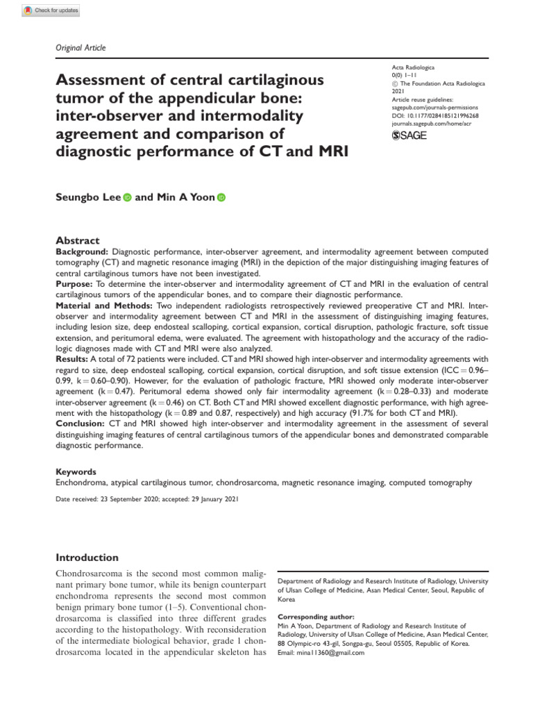 Assessment of Central Cartilaginous Tumor of The Appendicular Bone ...