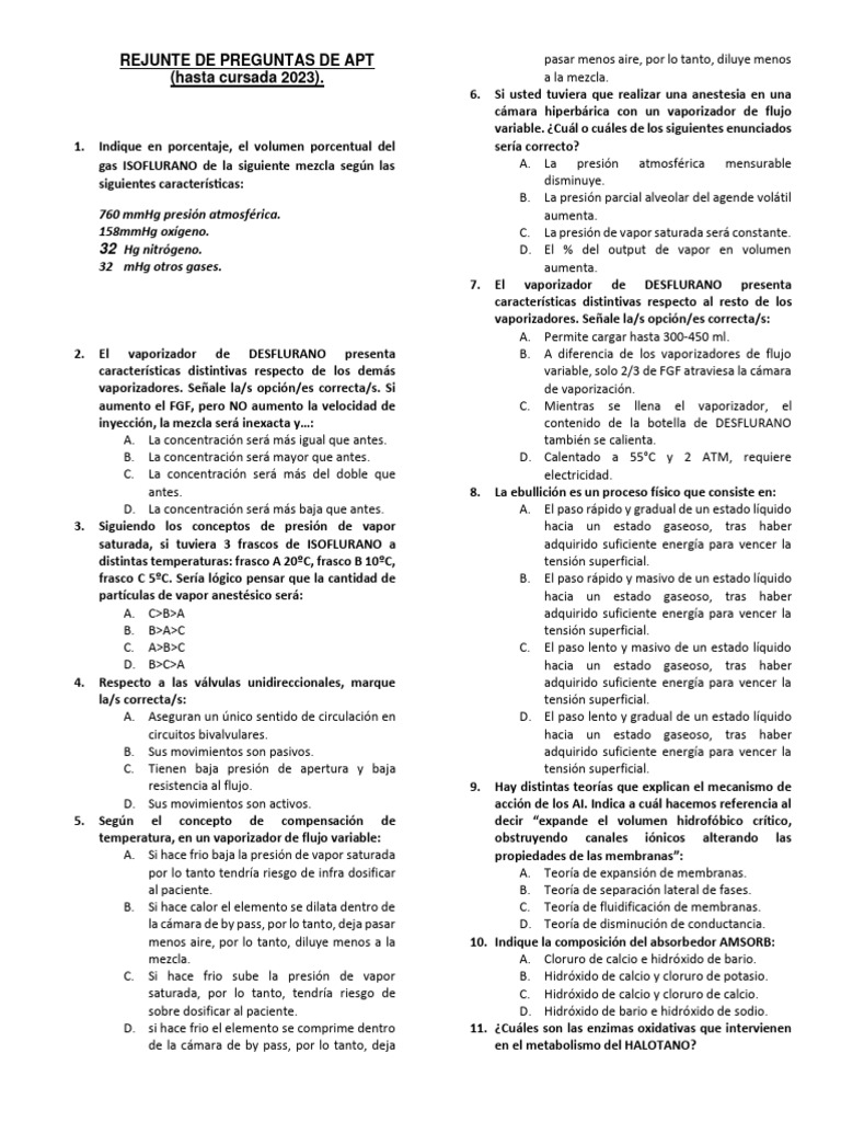 Preguntas de APT para Anestesia 2023 | PDF | Gases | Presión