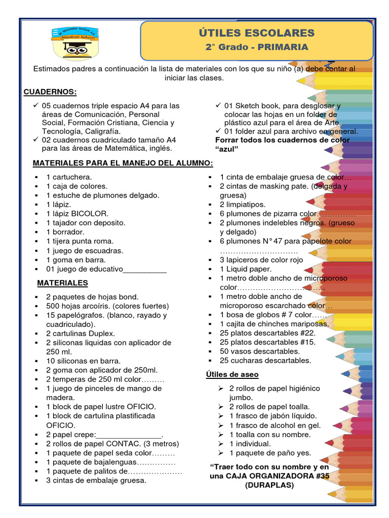 Lista de Útiles Aula 2º Primaria 2024 | Descargar gratis PDF | Papelería