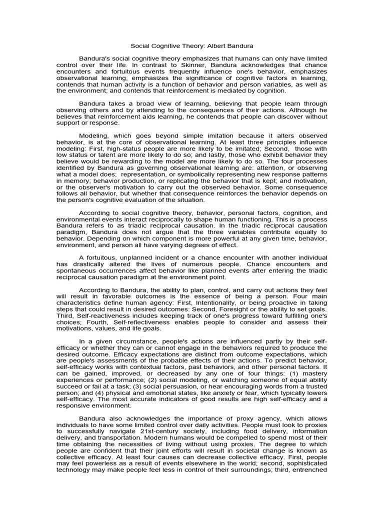 Bandura's Social Cognitive Theory Explained | PDF | Self Efficacy ...