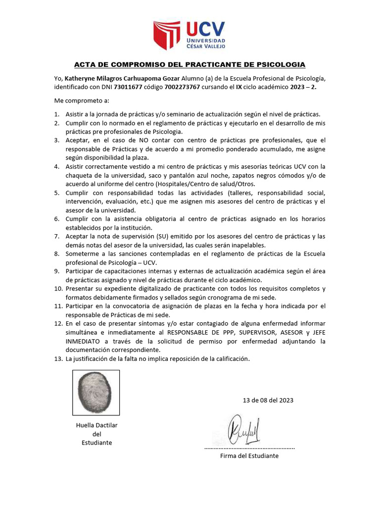 ACTA DE COMPROMISO Practicas 2023-2 | PDF | Crecimiento personal y ...