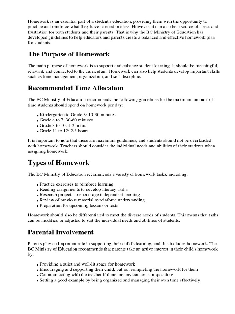 BC Ministry Education Homework Guidelines | PDF | Homework | Teachers