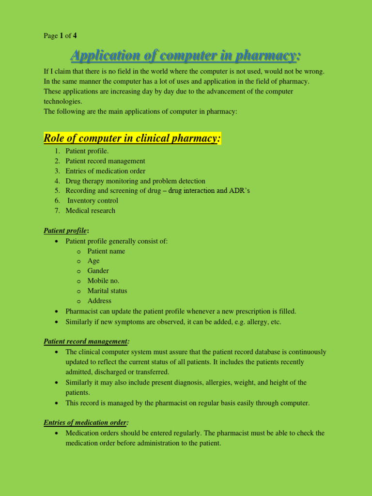 Application of computer in pharmacy pdf pharmacy medical prescription