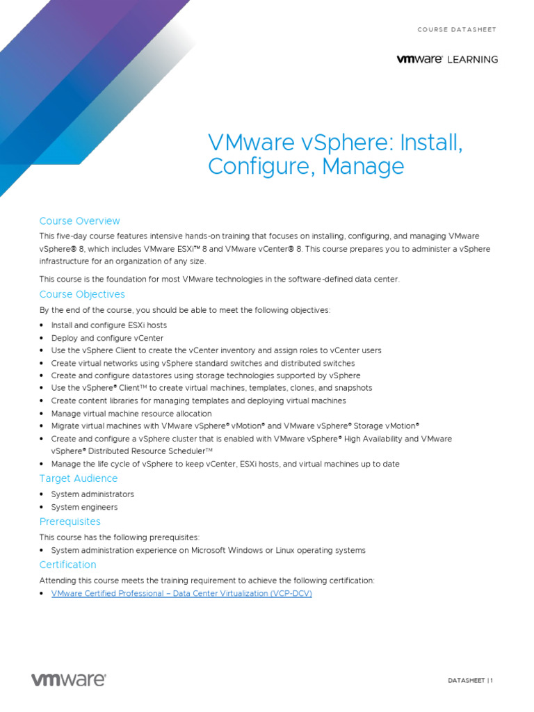 Edu datasheet vmware vsphere install configure manage v8 pdf