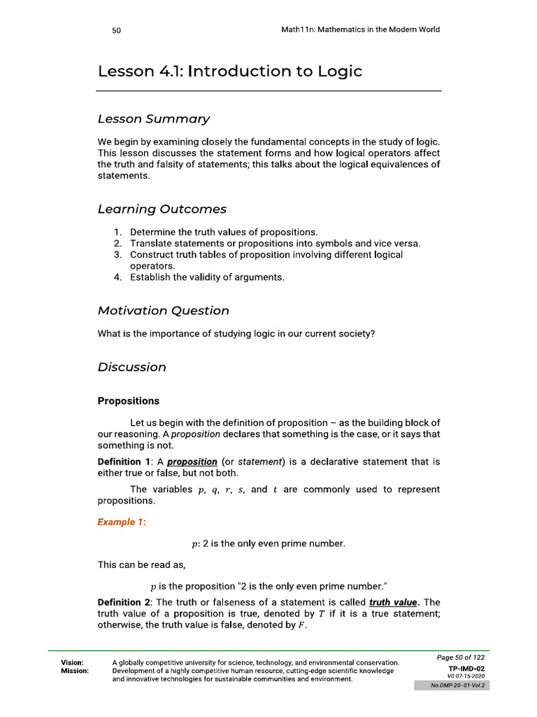 Lesson 4.1 Introduction to Logic | PDF