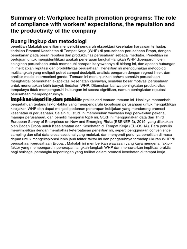 Summary of Workplace Health Promotion Programs - The Role of Compliance ...