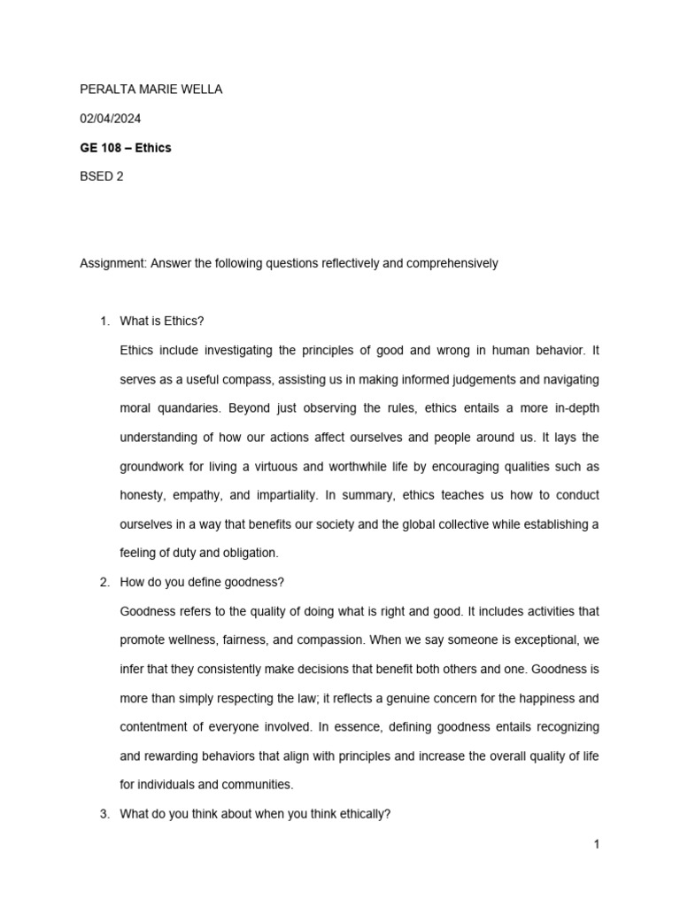 1st Ass Ge 108 Ethics Pdf Liberal Arts Education Psychological