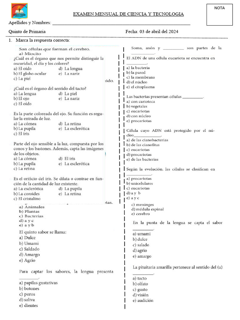 Examen Mensual de Ciencia y Tecnologia | PDF