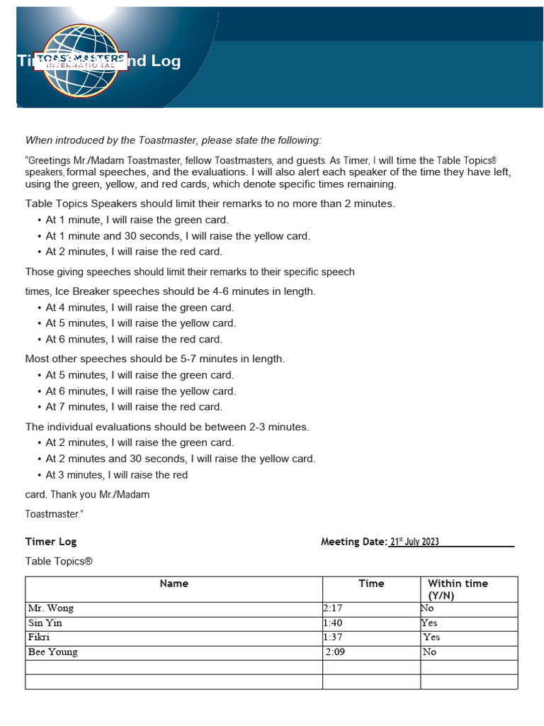 Toastmasters 675e timer script and log a4 pdf