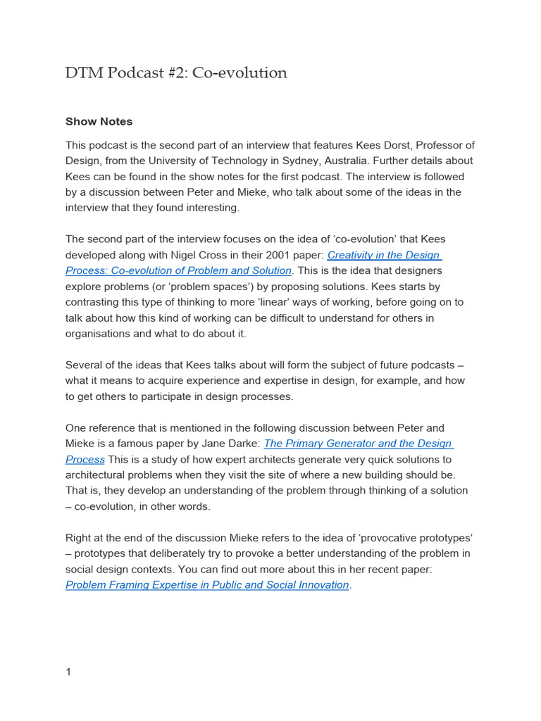 DTM Podcast #2 Co-evolution Show Notes and Transcript | PDF | Design ...