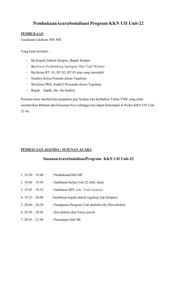 Susunan Acara Sosialisasi Program Kkn Uii Unit