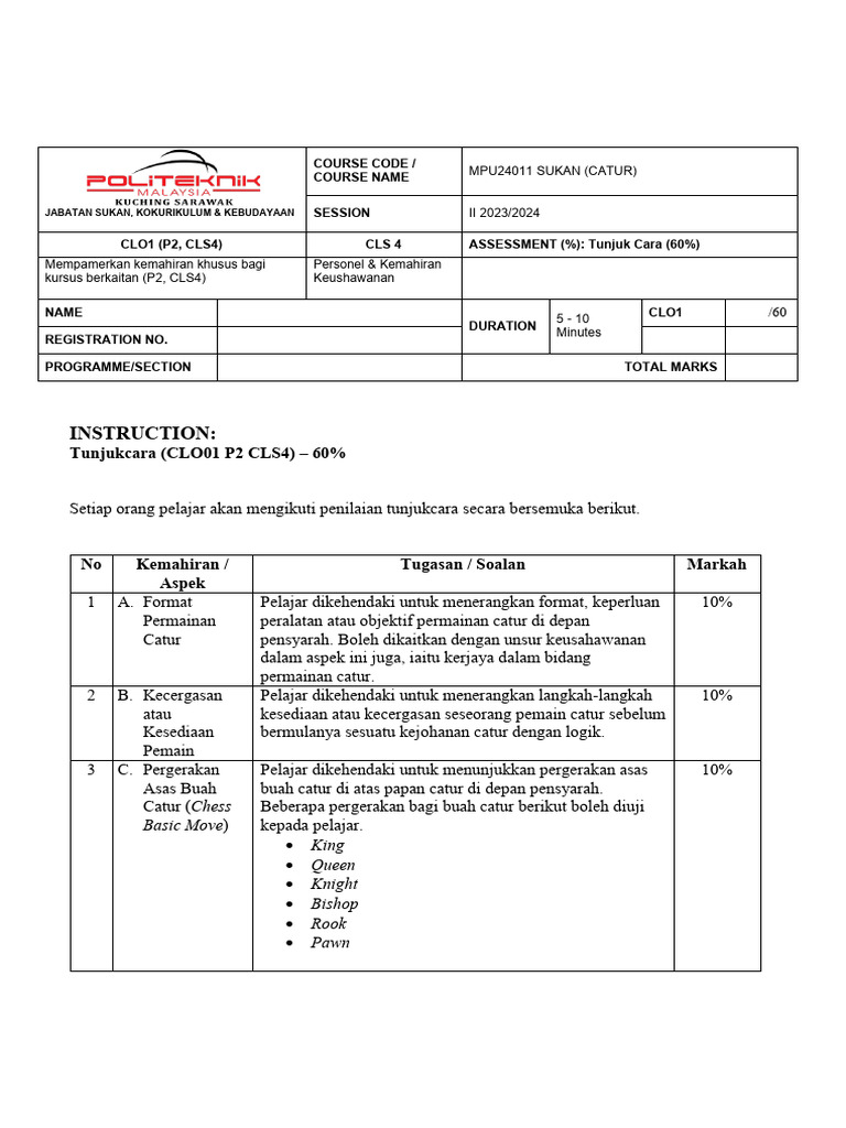 PDPT Sukan Catur Rubrik Tunjukcara Mini Projek II Sesi II 2023 - 24 | PDF