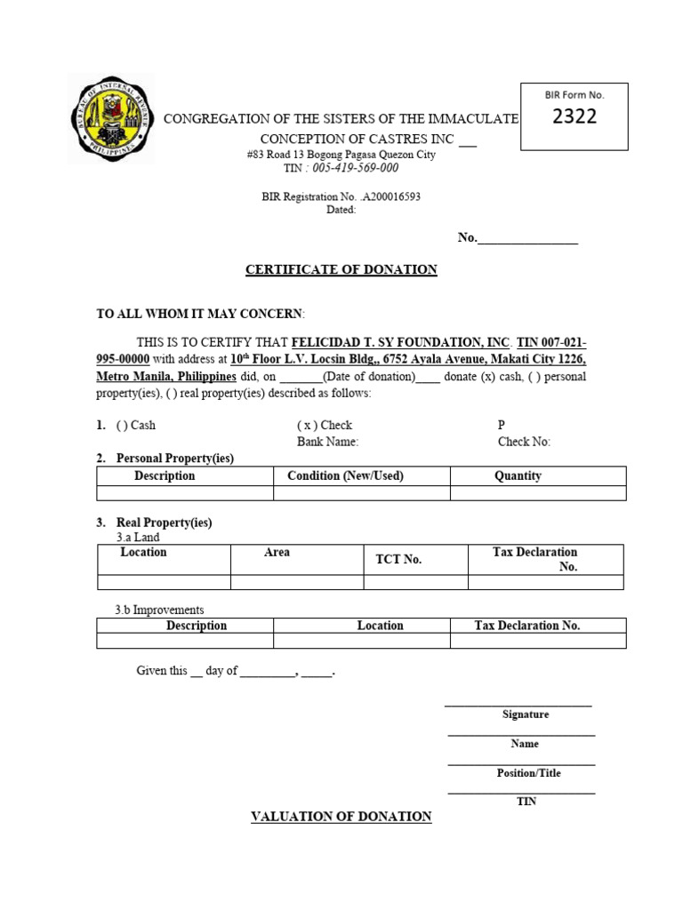 Ftsfi template of certificate of donation or bir form 2322 pdf