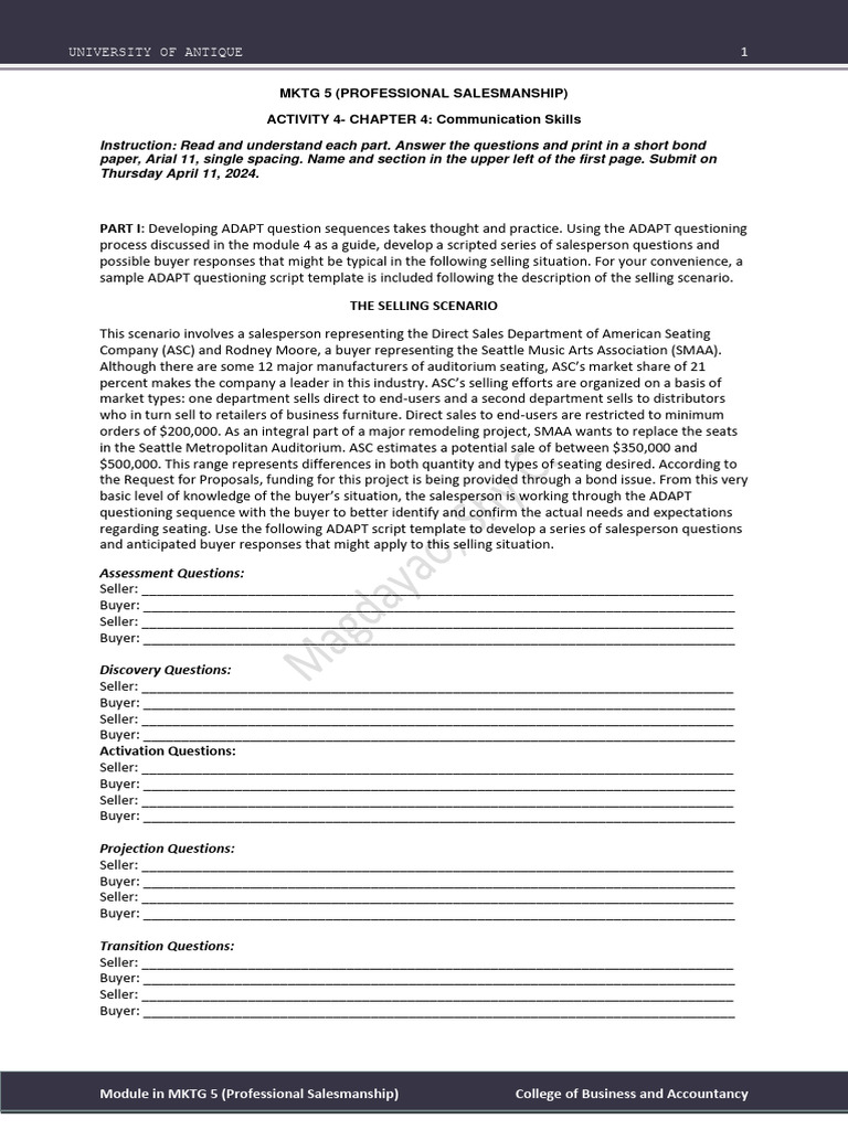 MKTG 5 Chapter 4 Activity | PDF | Sales | Business
