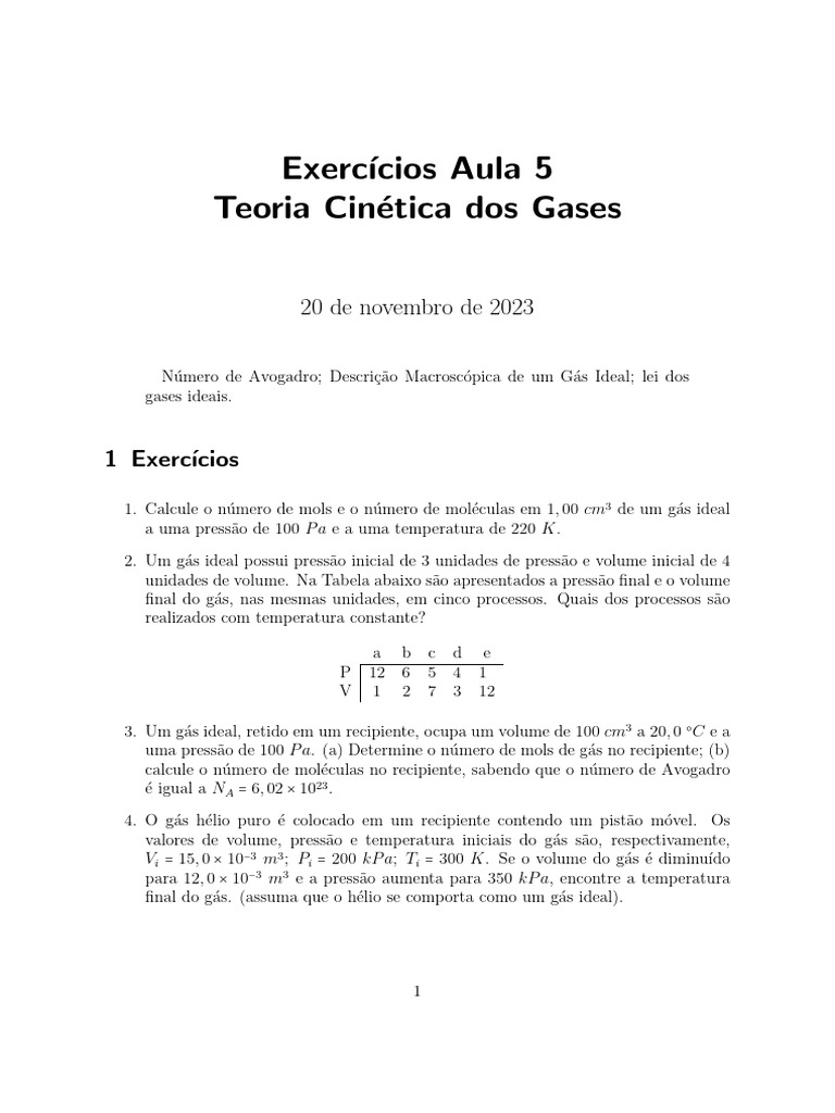 Exercícios Aula 5 - Gás Ideal | Download grátis PDF | Gases | Pressão