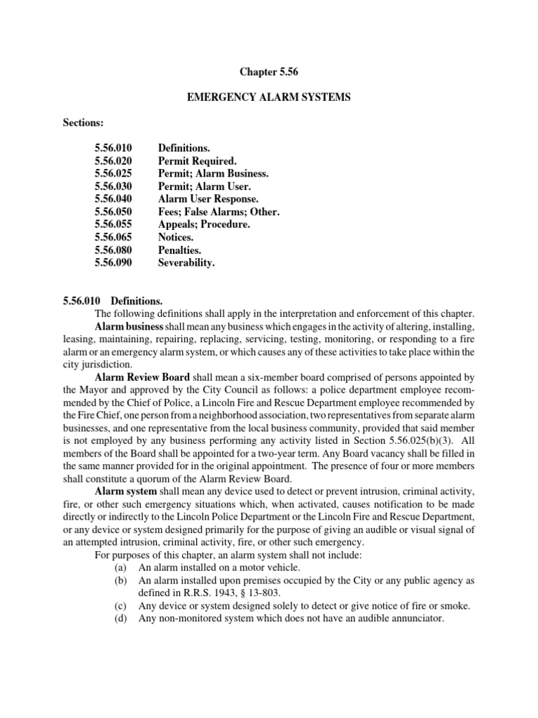 Chapter 5.56 EMERGENCY ALARM SYSTEMS | PDF | Justice | Crime & Violence