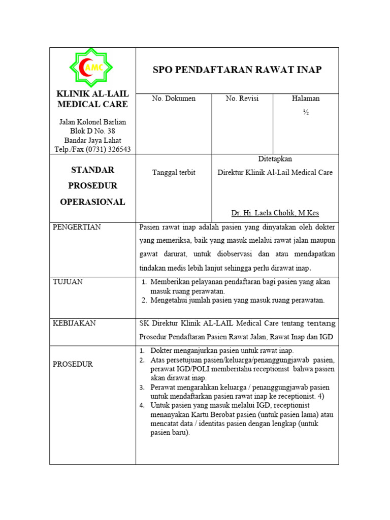 SOP Pendaftaran Pasien Rawat Inap | PDF