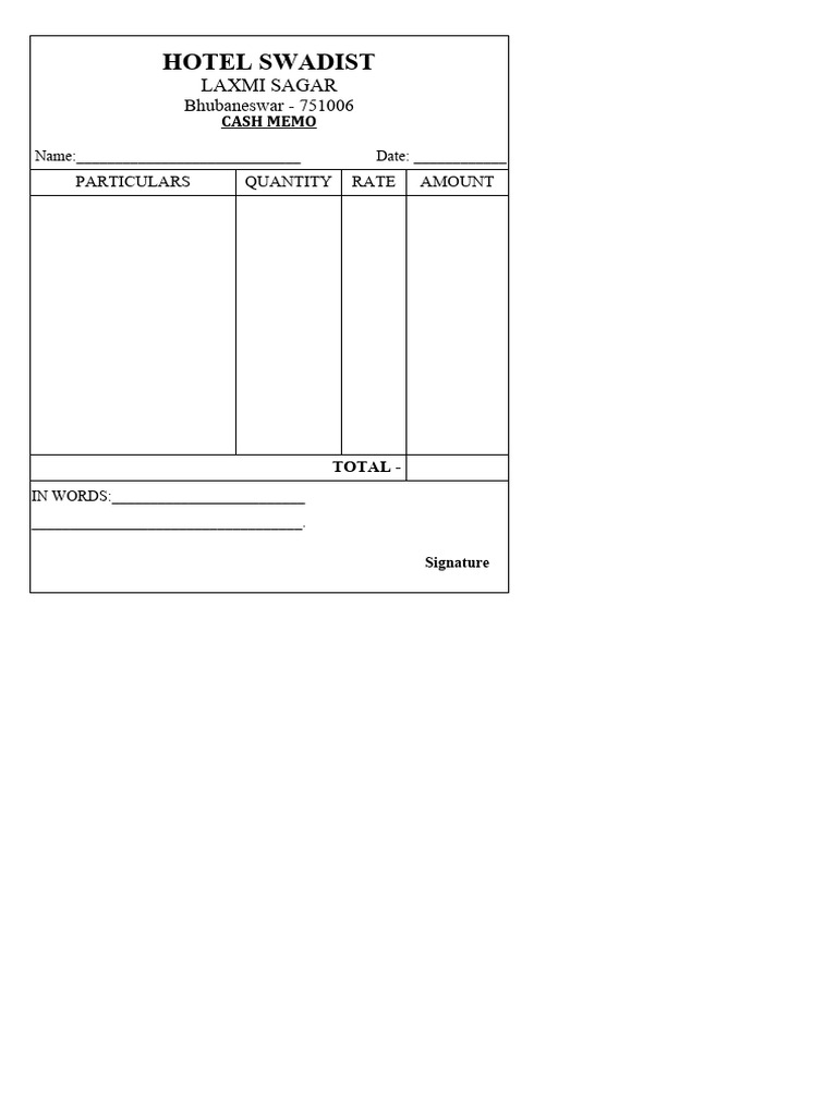 Hotel Swadist Cash Memo Template | PDF