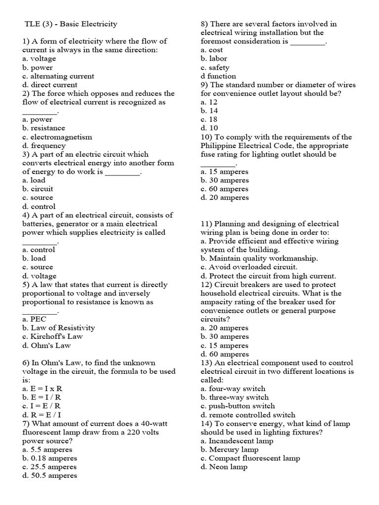 TLE MAJOR TEST SET 010 Basic Electricity 1 | PDF | Series And Parallel ...