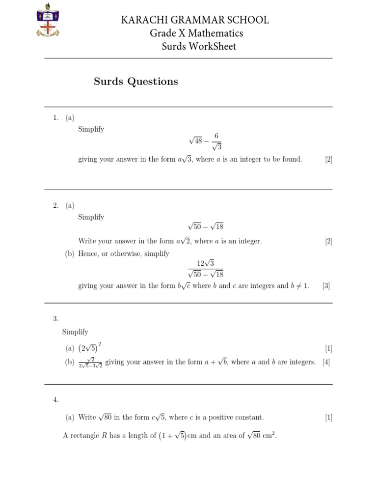 Surds Worksheet PDF Square Root Mathematical Analysis