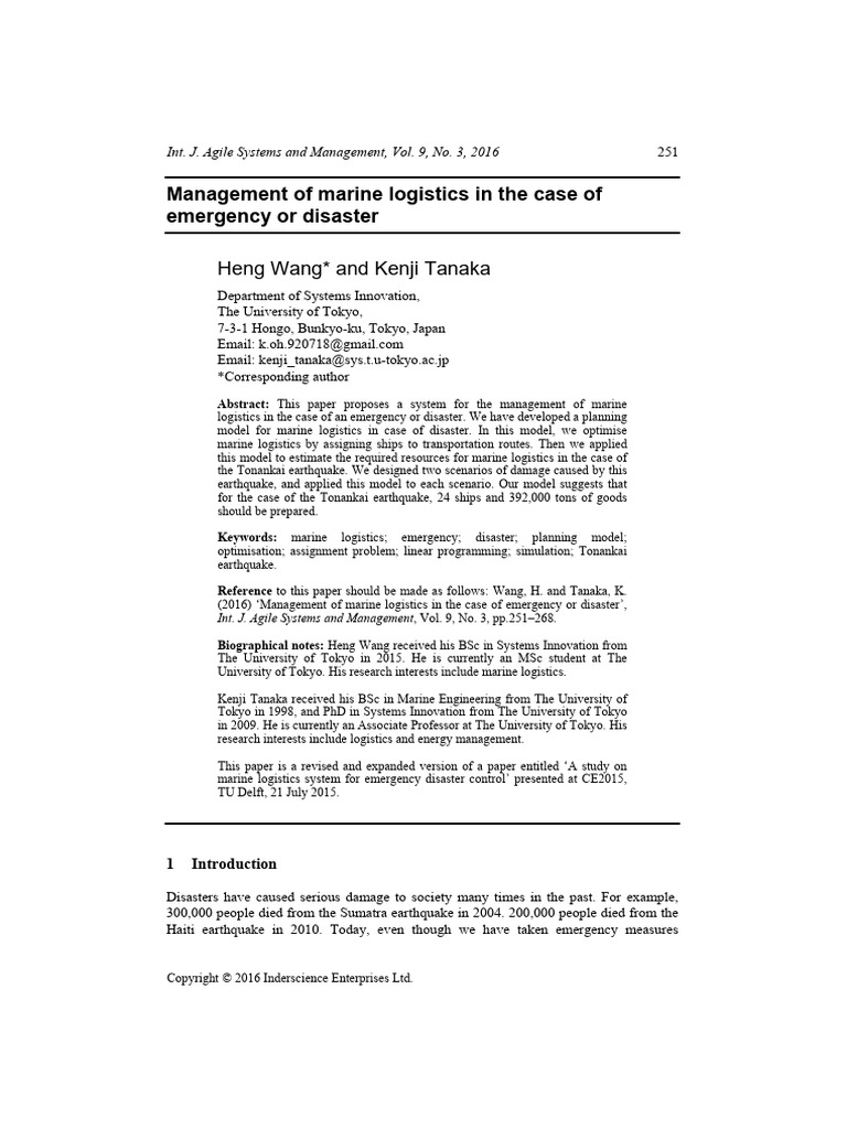 Management of Marine Logistics in The Case of Emergency or Disaster ...