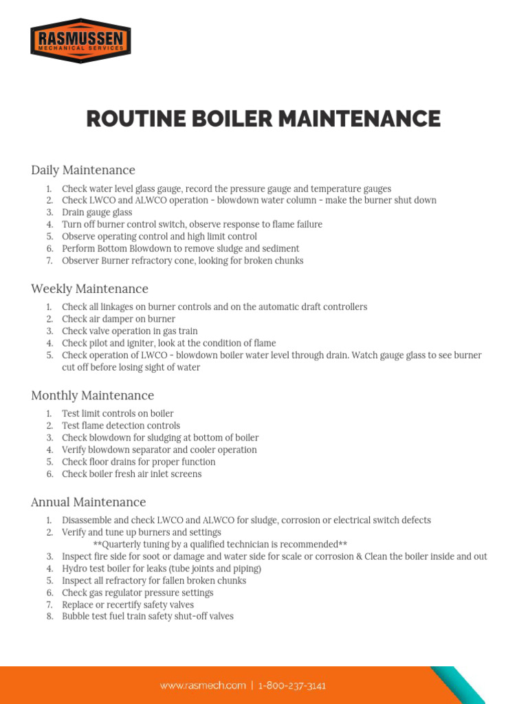 Steam Boiler Maintenance Checklist | PDF | Boiler | Valve