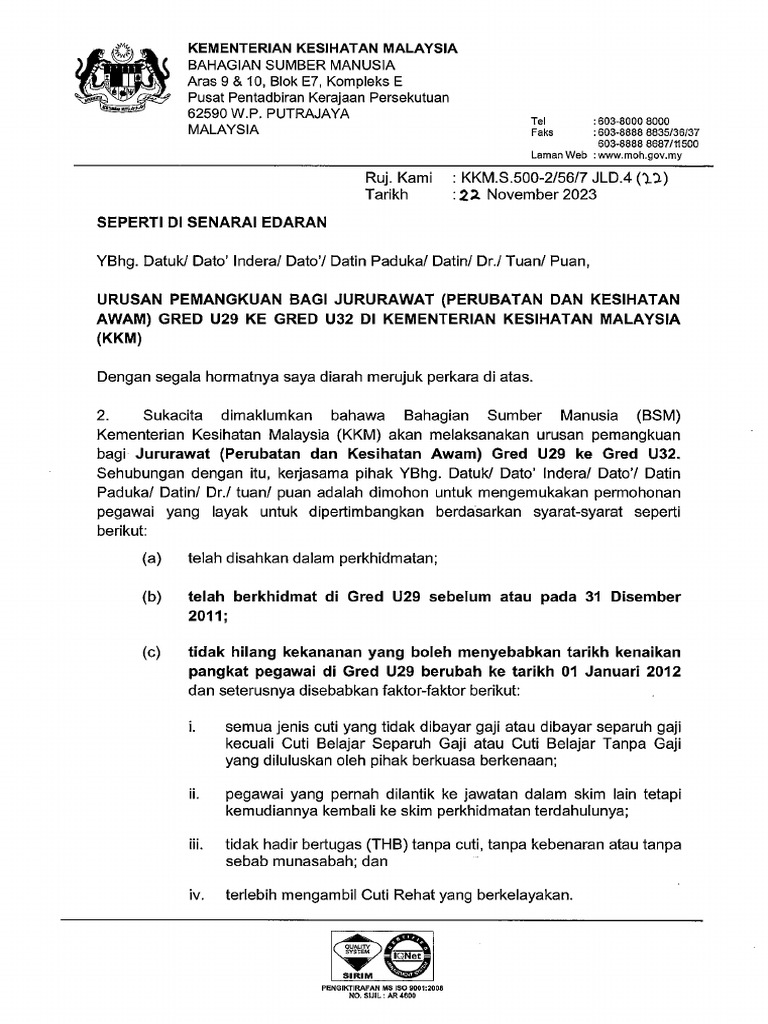Iklan Pemangkuan Jururawat U29 Ke U32 2023 | PDF