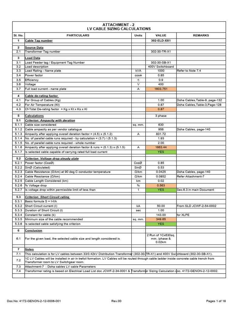 LV Cable Sizing for 1000 kVA Transformer | PDF | Electrical Resistance ...