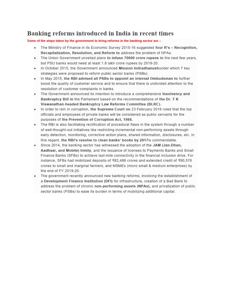 Unit 3 Recent Reforms | PDF | Banks | Reserve Bank Of India