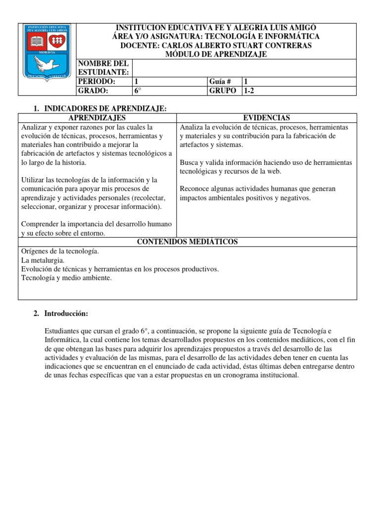 Guia de Aprendizaje de Tecnología Grado Sexto - Periodo 1 | PDF ...