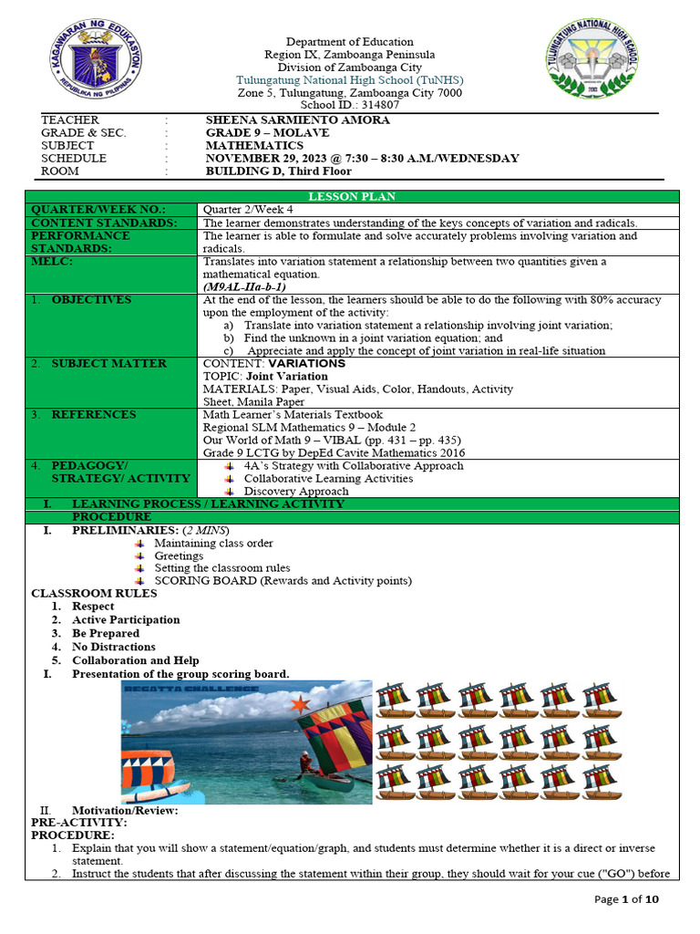 Grade 9 Joint Variation Lesson Plan | PDF | Demand | Variable (Mathematics)